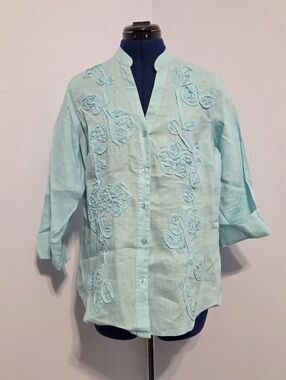 Y2K Turquoise Soutache Linen Button Down Blouse Size 10